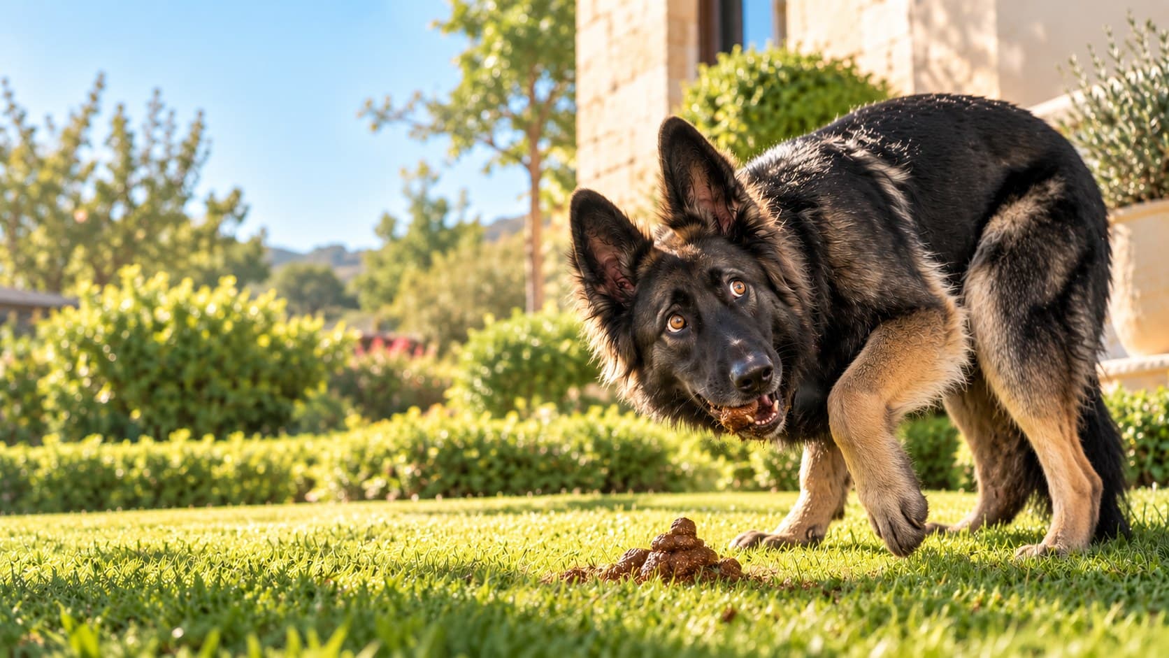German shepherd caught mid-snack next to a pile of poop on a lawn, looking guiltily at the camera
