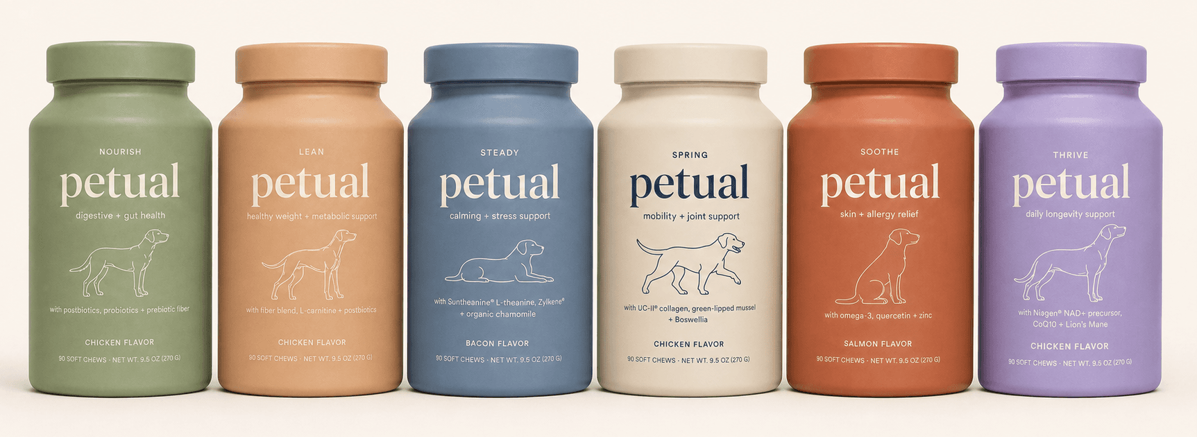 The complete petual product line — six apothecary canisters for dogs, left to right: Nourish, Lean, Steady, Spring, Soothe, Thrive