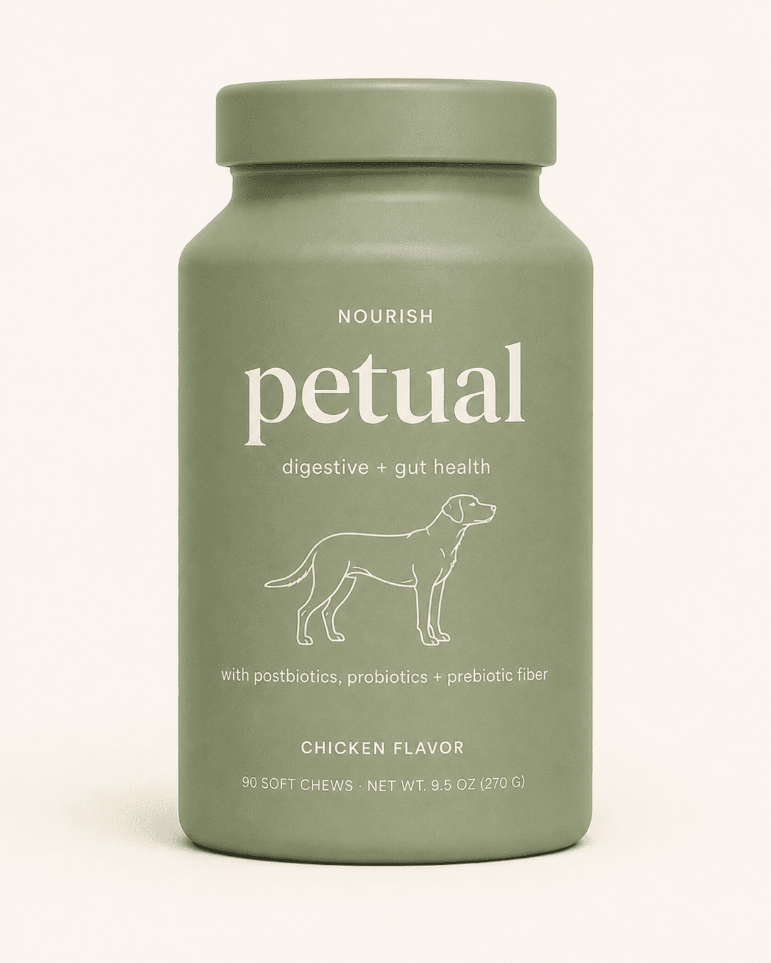 Petual Nourish soft chews for dogs — digestive and gut health in an apothecary canister