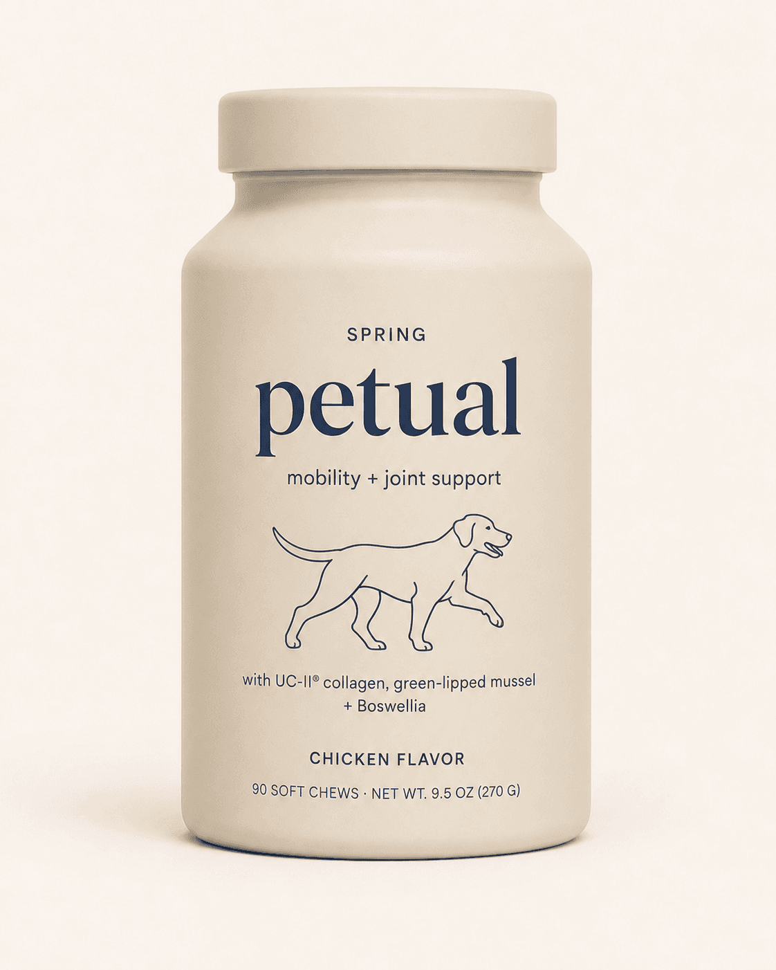 Petual Spring soft chews for dogs — mobility and joint support in an apothecary canister