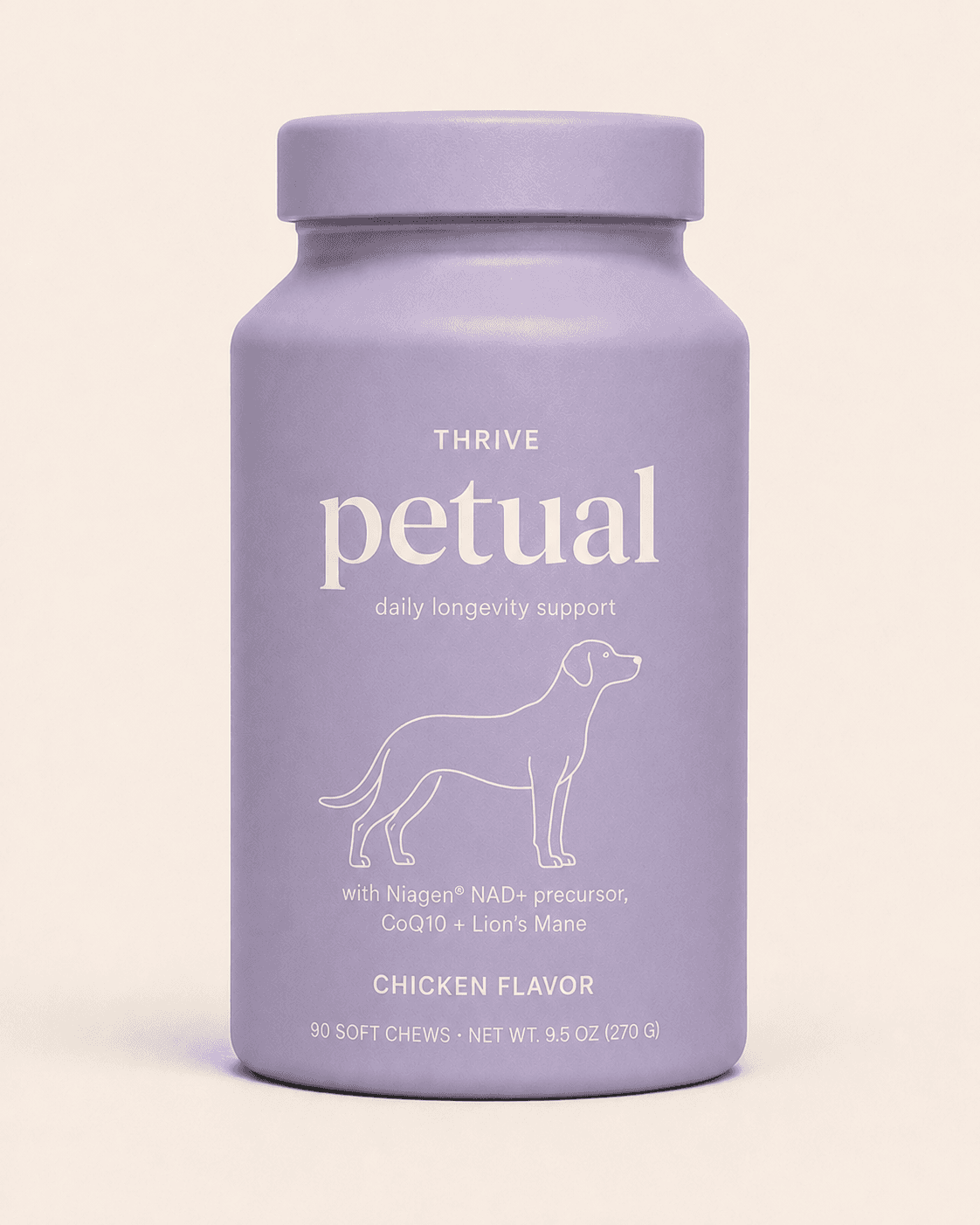 Petual Thrive soft chews for dogs — daily longevity support in an apothecary canister